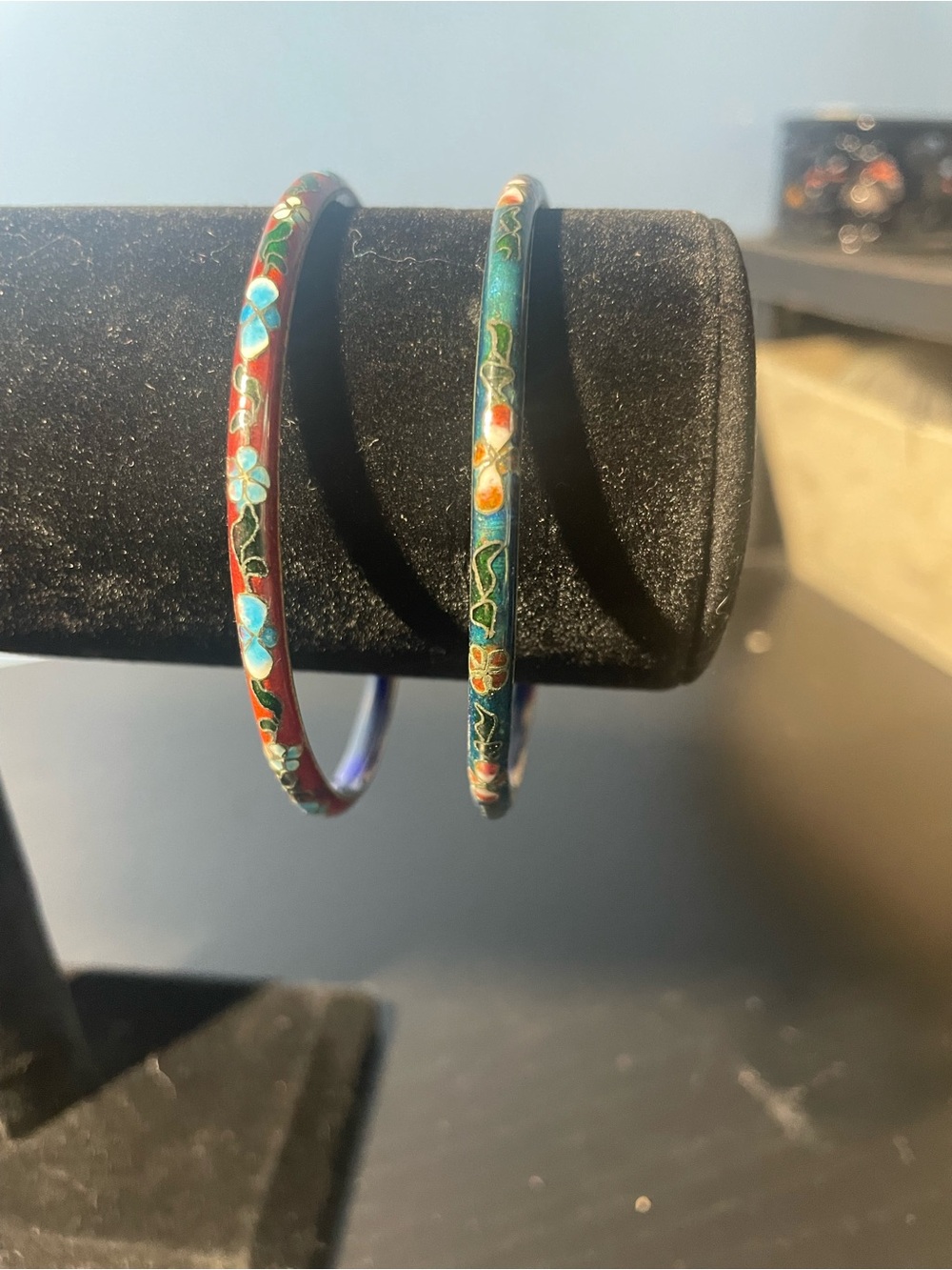 Cloisonné Floral Enamel Bangle Bracelet - Red & Teal
